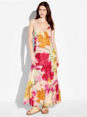 wild fable Floral Halter Maxi Dress in Cream, Pink, Yellow